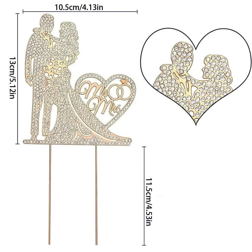 Decorative cake topper with couple silhouette and 'Mr & Mrs' text, heart design, and measurements on a white background.