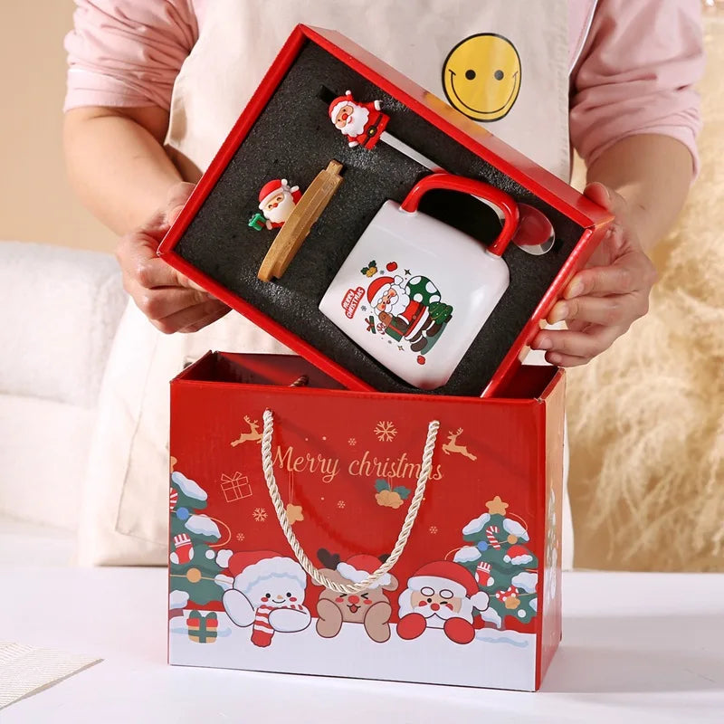 Christmas Theme Ceramic Mug Set with Lid And Spoon- Perfect Gift for Hot Drink Lovers