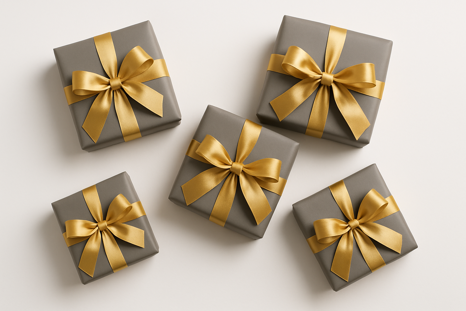 5 gift boxes wrapped in a grey paper with golden bows in a white background