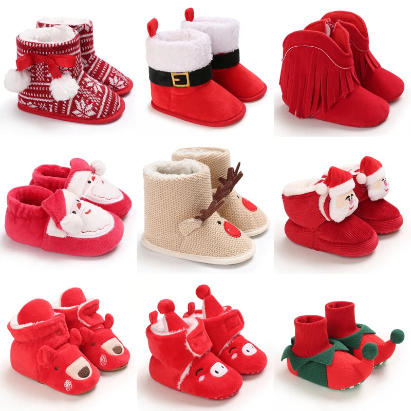 Collage of various baby booties with Christmas designs on a white background