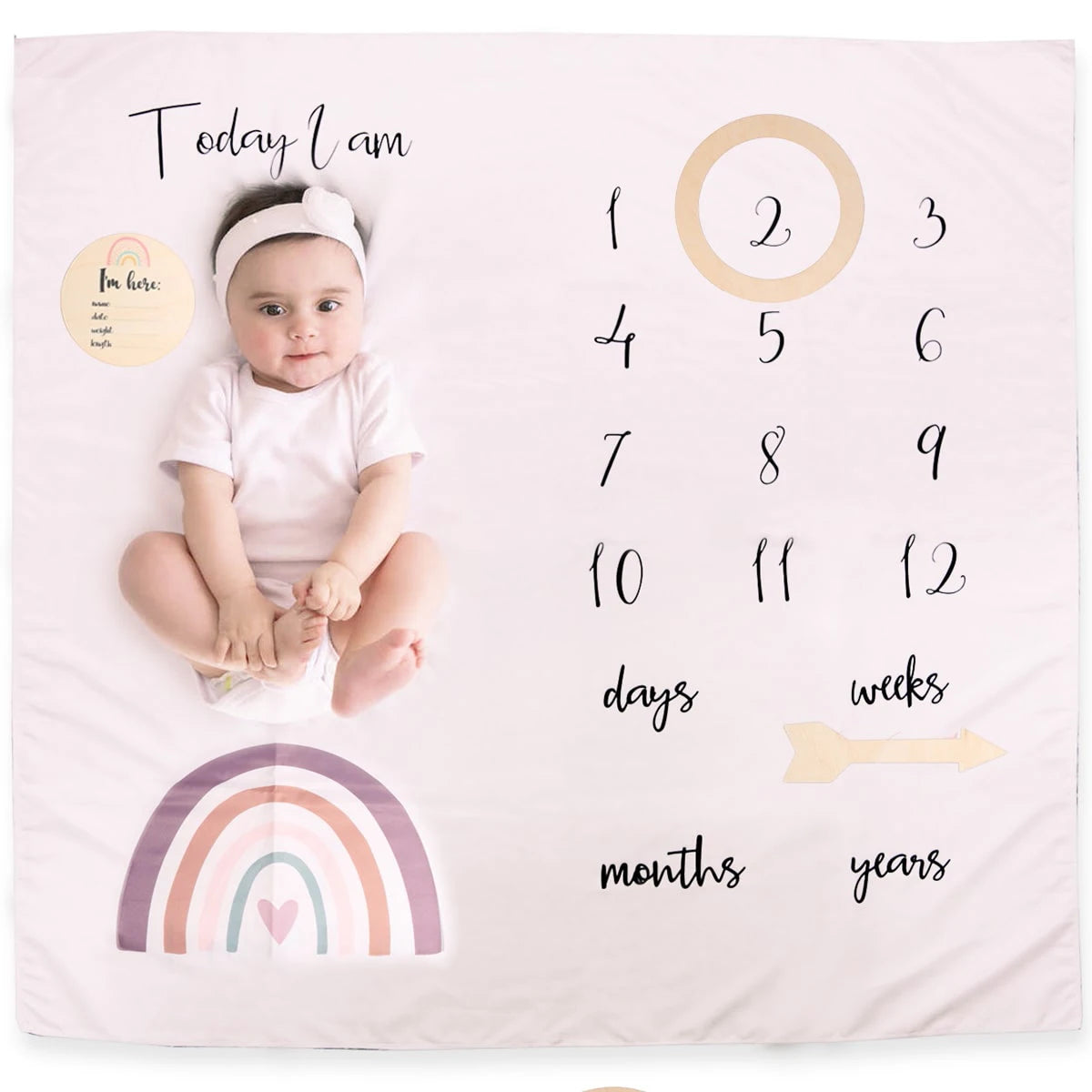 Baby milestone blanket with numbers and rainbow design on a pink background