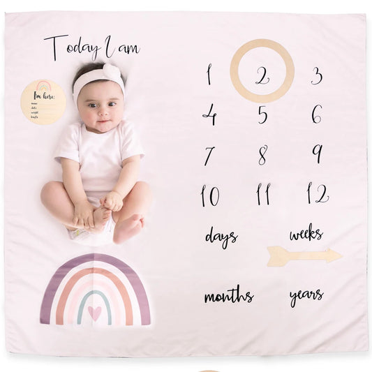Baby milestone blanket with numbers and rainbow design on a pink background