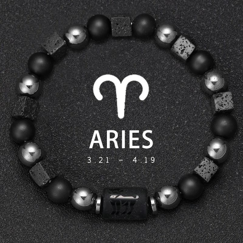 Beaded bracelet with Aries symbol and dates on a dark background