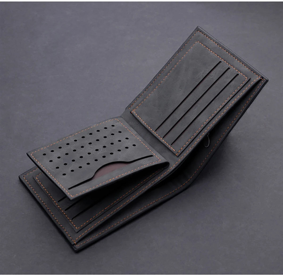 Black PU leather wallet on a dark gray background
