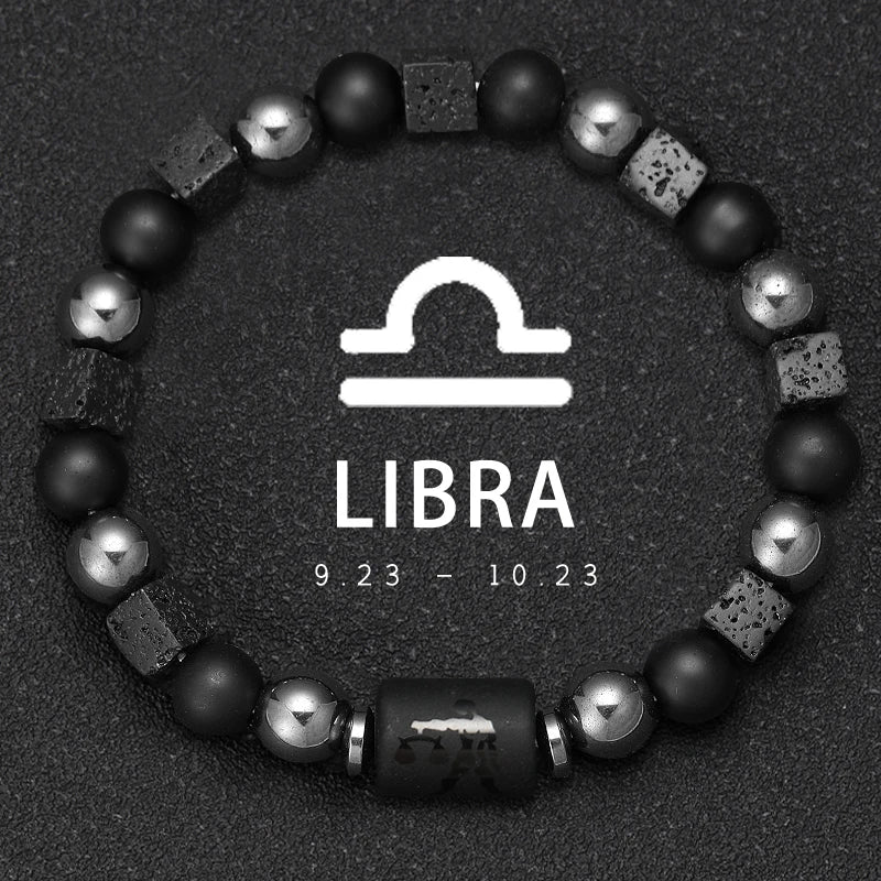 Black and silver beaded bracelet with Libra zodiac sign on a dark background