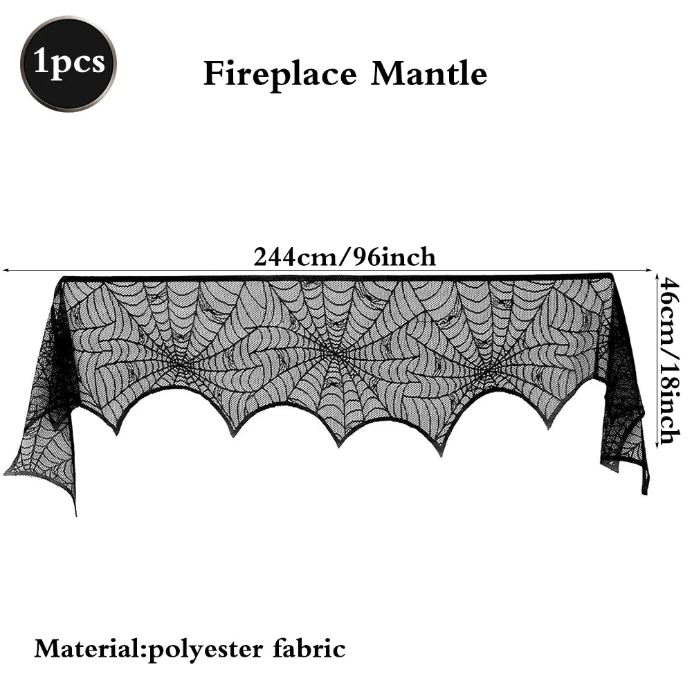 Black lace spiderweb fireplace mantel with measurements on a white background