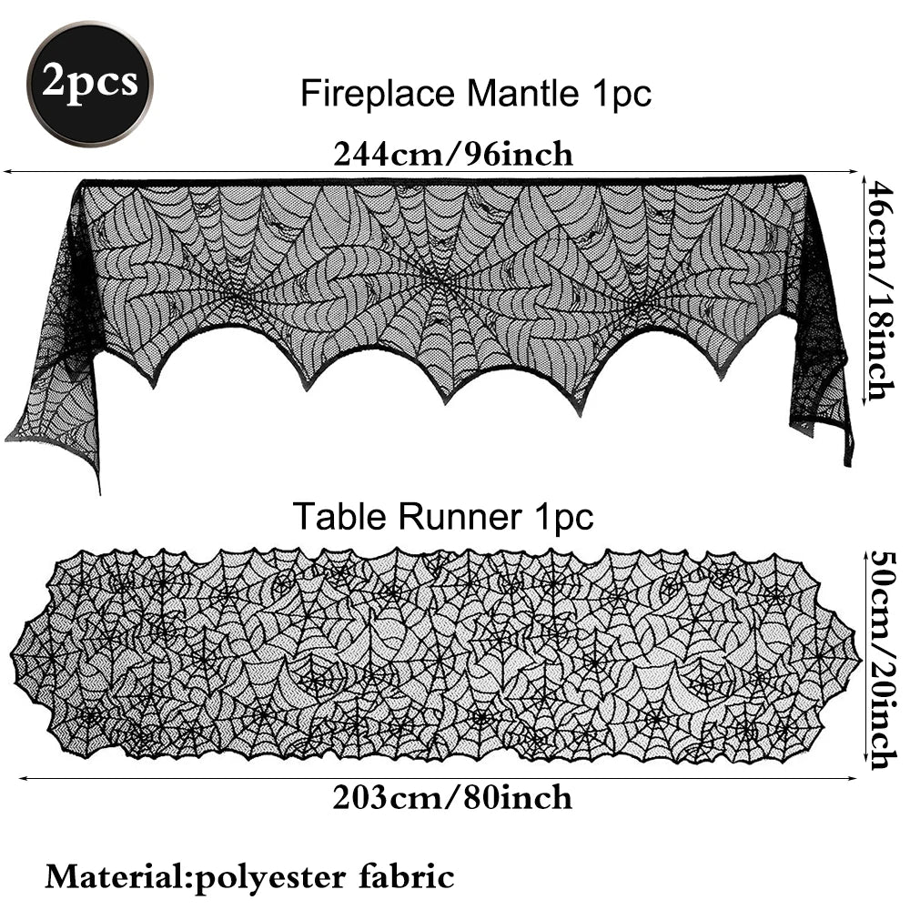Black lace spiderweb table runner and fireplace mantel set with measurements on a white background