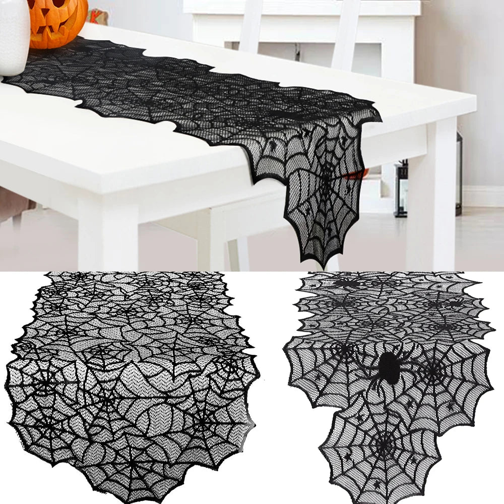 Black lace spiderweb table runner on a white table with additional designs displayed below.