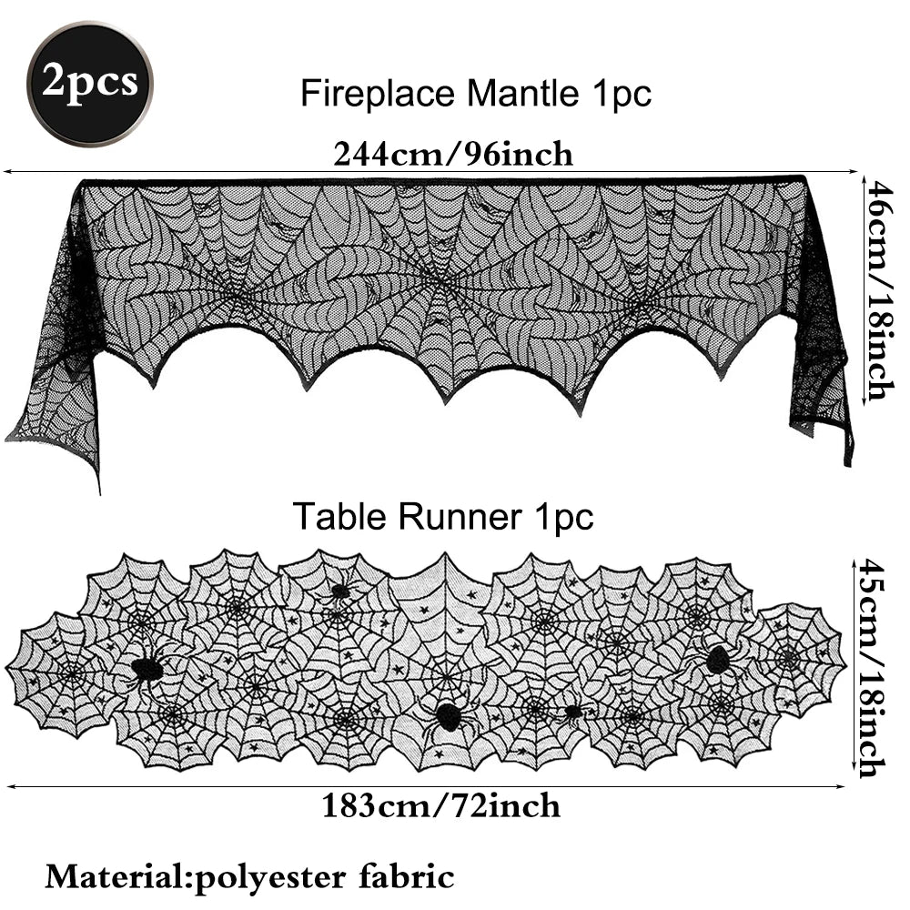 Black spiderweb-themed table runner and fireplace mantle with measurements on a white background
