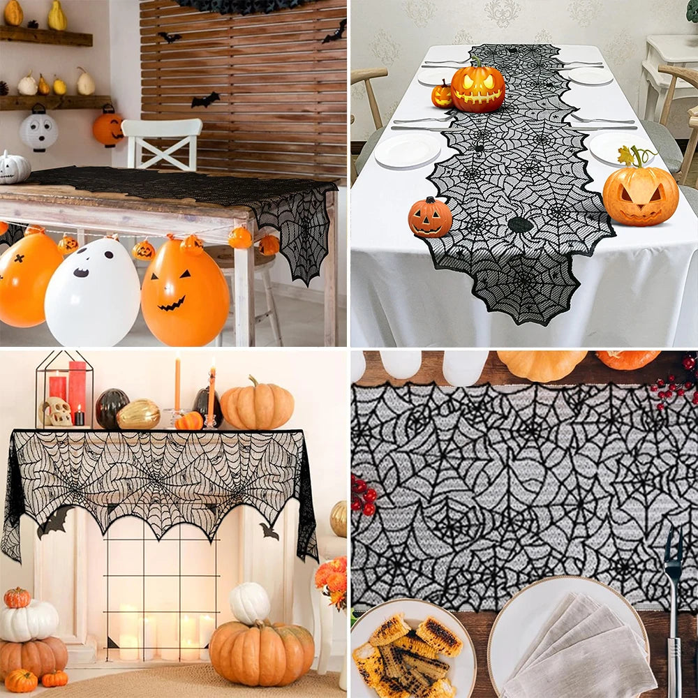 Black spiderweb tablecloth used for Halloween decorations on tables with pumpkins and ghosts.