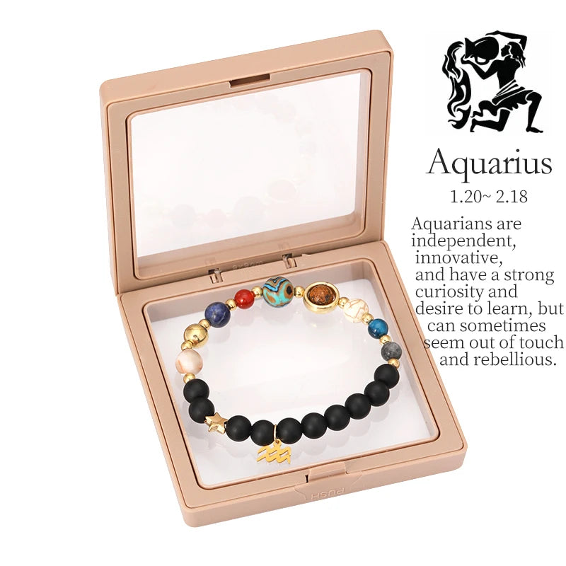 Bracelet in a box with Aquarius zodiac information on a white background