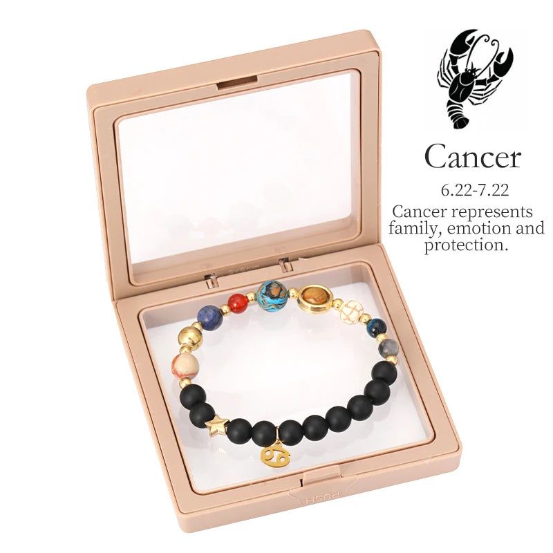 Bracelet in a box with Cancer zodiac information on a white background