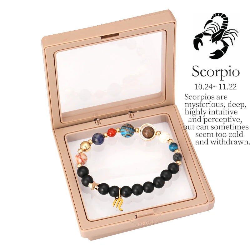 Scorpio-themed bracelet in a box with Scorpio symbol and description.
