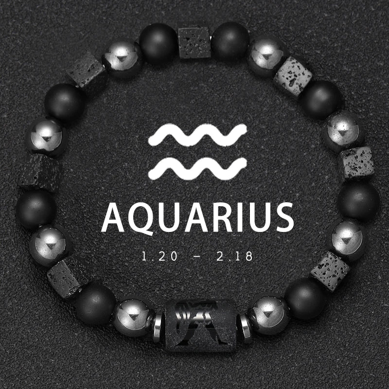 Black beaded bracelet with Aquarius zodiac sign on a dark background
