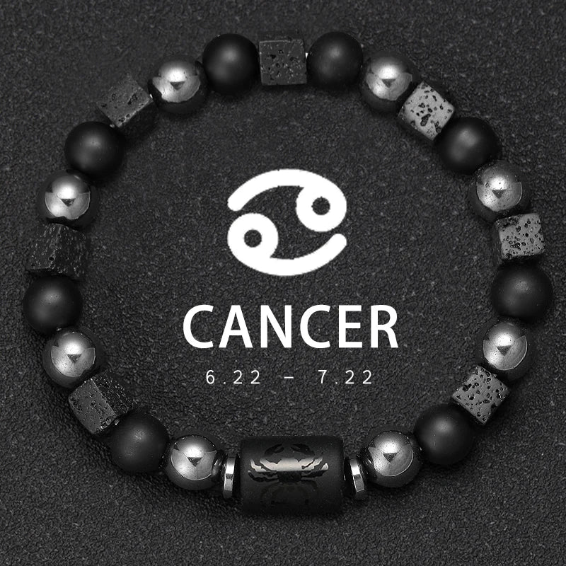 Black and silver beaded bracelet with Cancer zodiac symbol on a dark background