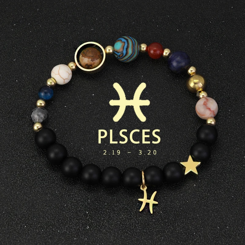 Bracelet with black beads and gold Pisces symbol 