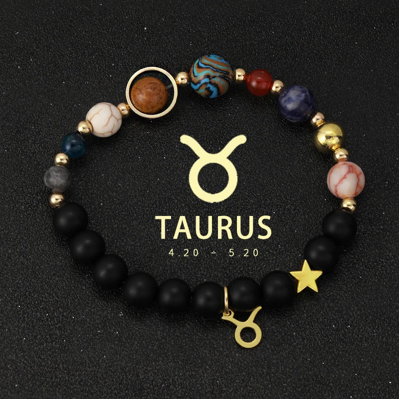 Bracelet with Taurus symbol and star on a black background
