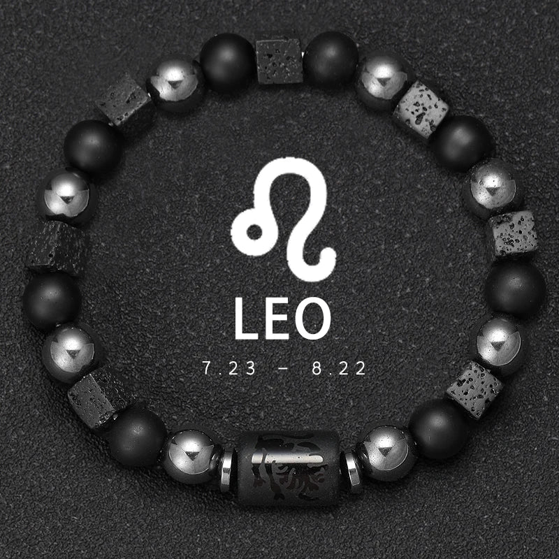Bracelet with black and silver beads featuring the Leo zodiac symbol