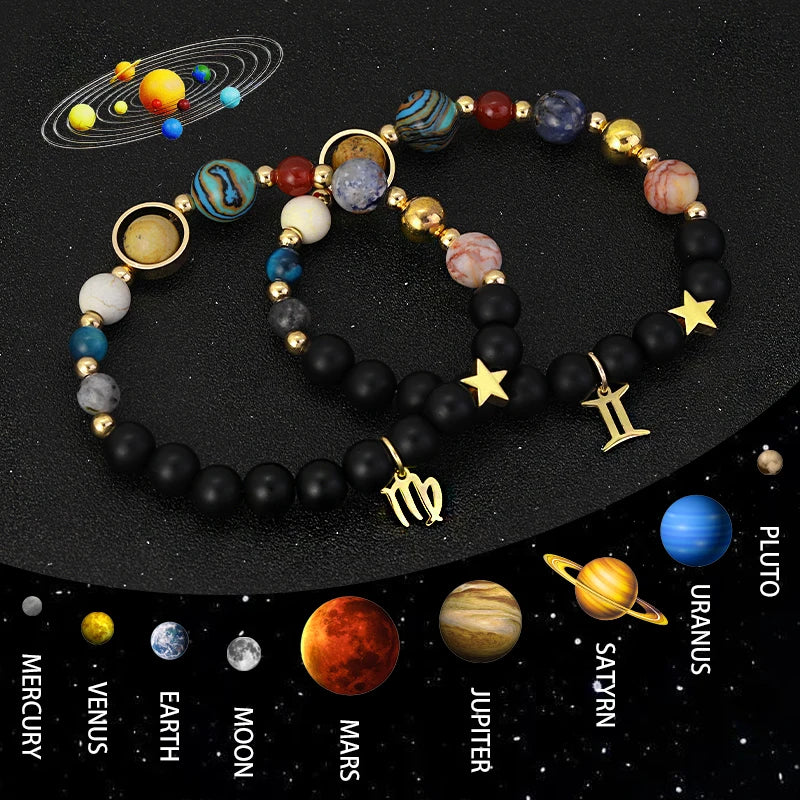 Bracelets with celestial-themed beads on a black background with solar system illustration