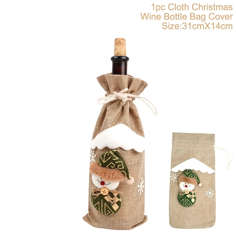 Brown cloth Christmas wine bottle bag cover with snowman design on a white background