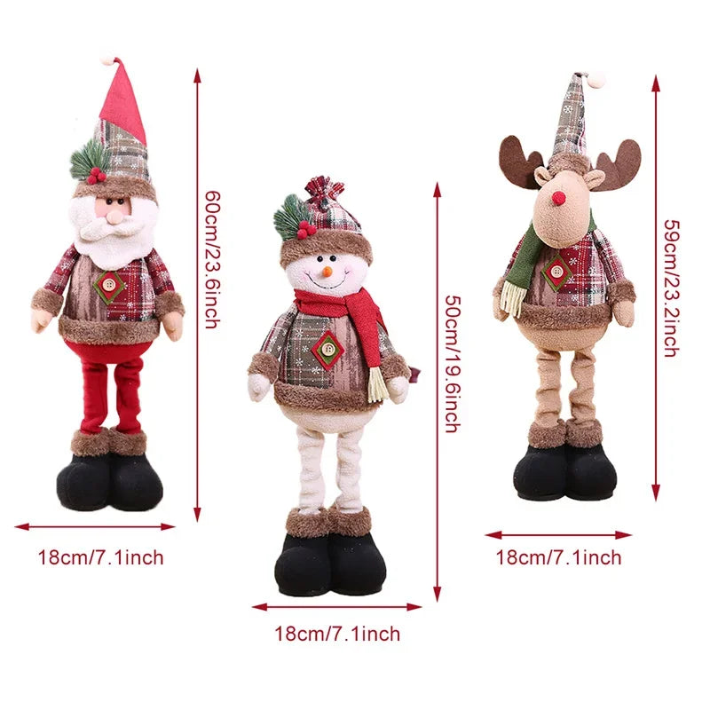 Three Christmas-themed figurines with dimensions labeled on a white background
