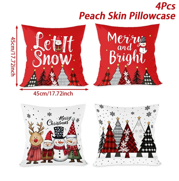 Set of four Christmas-themed pillowcases with festive designs and text.