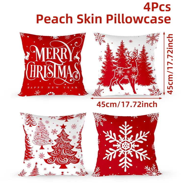 Four Christmas-themed pillowcases with designs of 'Merry Christmas', a deer, a Christmas tree, and a snowflake on a white background.