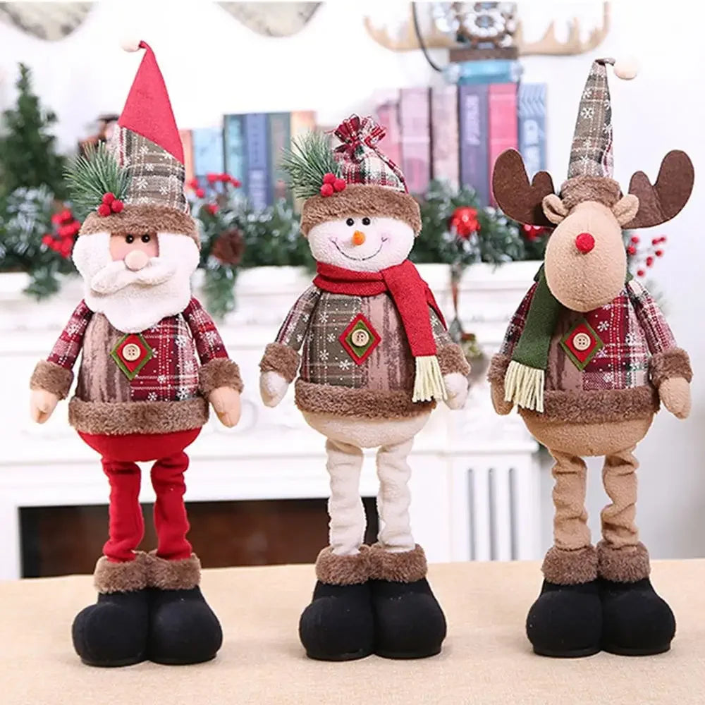 Three Christmas-themed figurines including a Santa Claus, snowman, and reindeer on a neutral background.