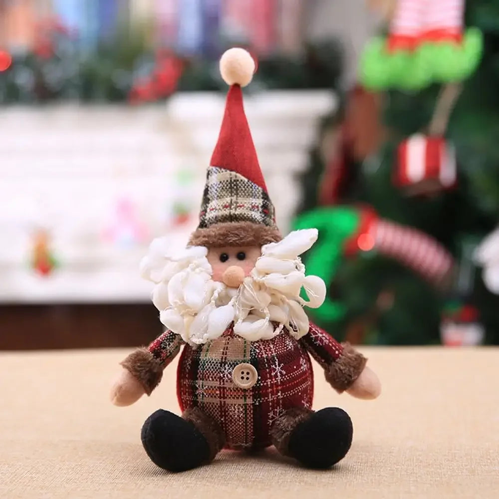 Christmas-themed gnome figurine with plaid outfit and red hat on a neutral background