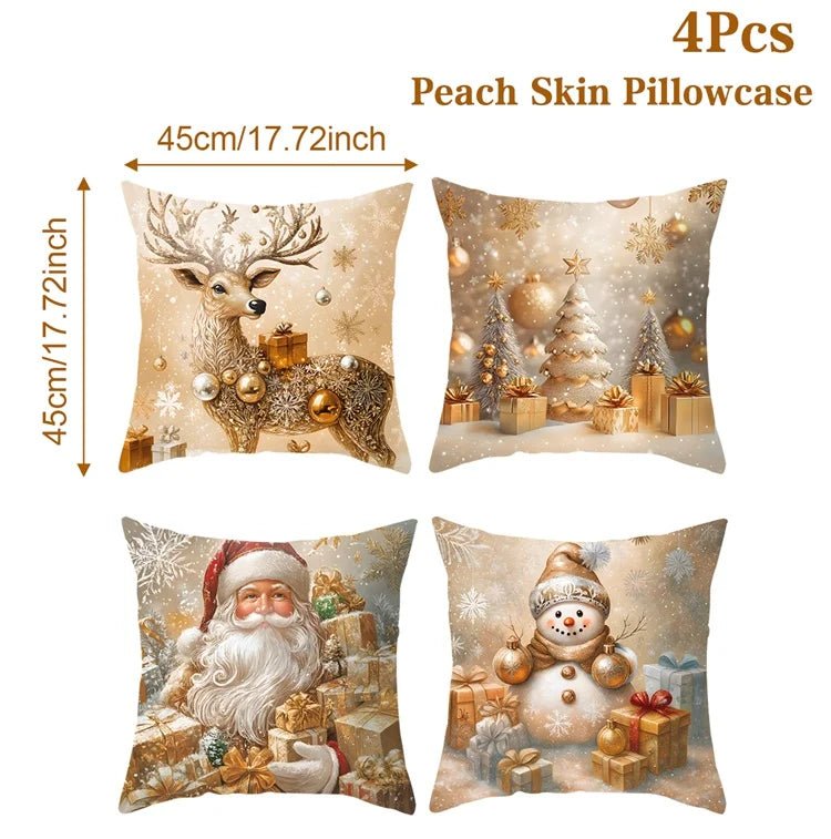 Four Christmas-themed pillowcases with reindeer, Santa Claus, snowman, and tree designs on a beige background.