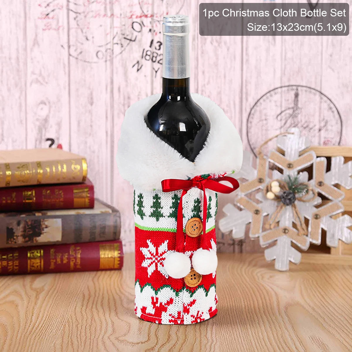 Christmas-themed wine bottle cover on a wooden surface with decorative books and snowflake decorations in the background.