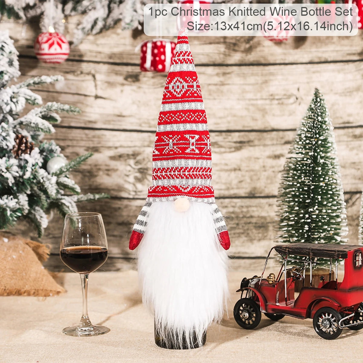 Christmas themed knitted wine bottle holder with a gnome design, wine glass, and toy car on a festive background.