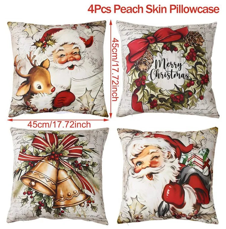 Four Christmas-themed pillowcases with Santa Claus, reindeer, and wreath designs, shown with measurements.