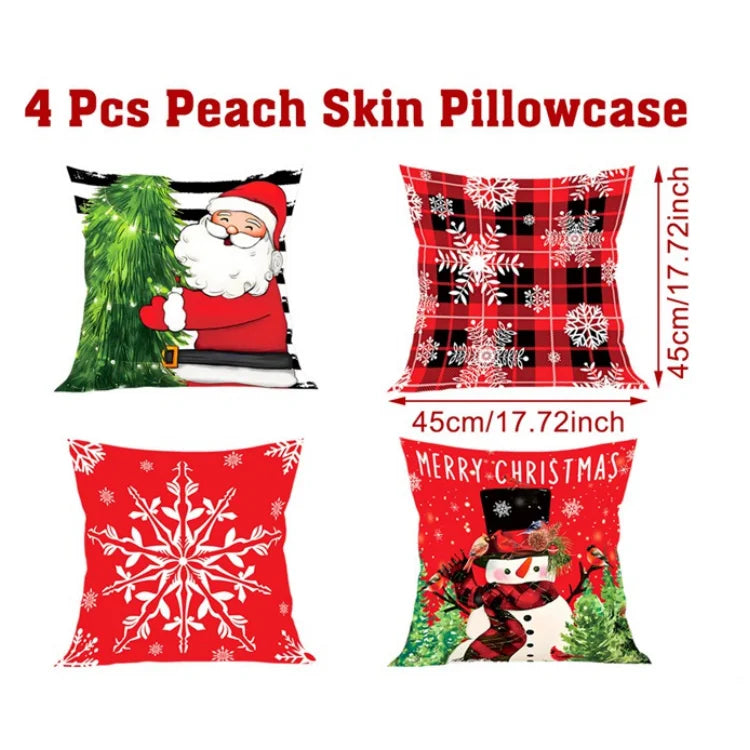 Four Christmas-themed pillowcases with Santa Claus, snowflakes, and snowman on a white background.