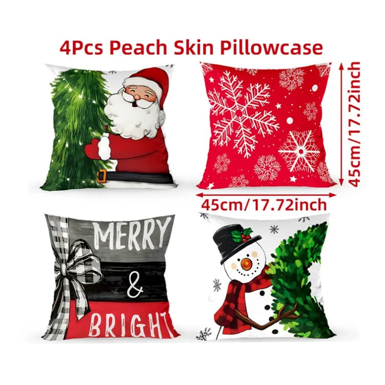 Four Christmas-themed pillowcases with festive designs on a white background.