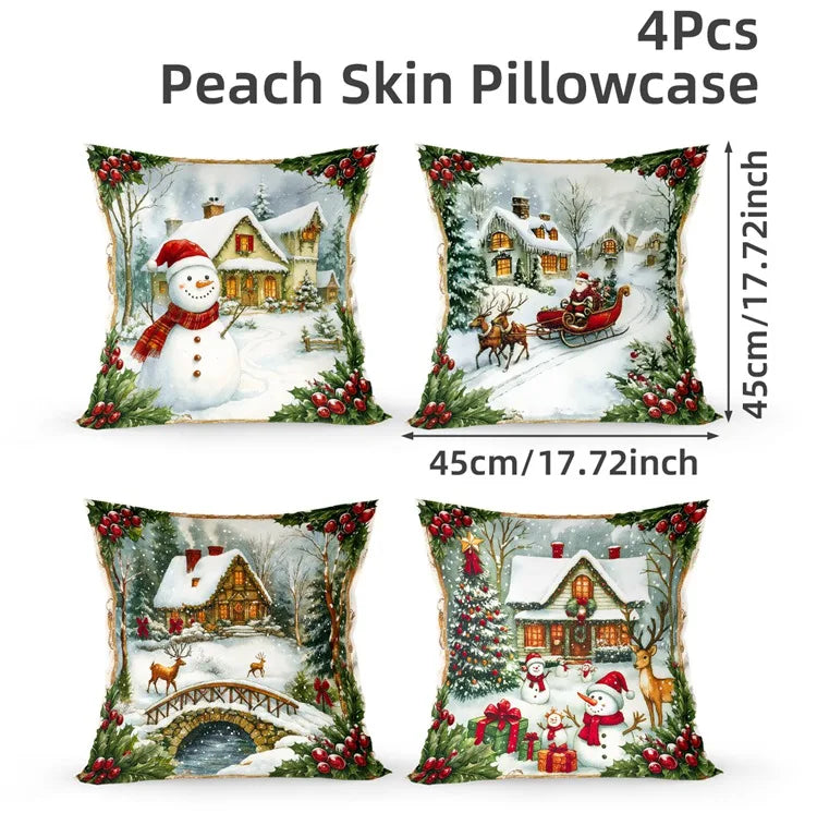 Four Christmas-themed pillowcases with winter scenes on a white background.