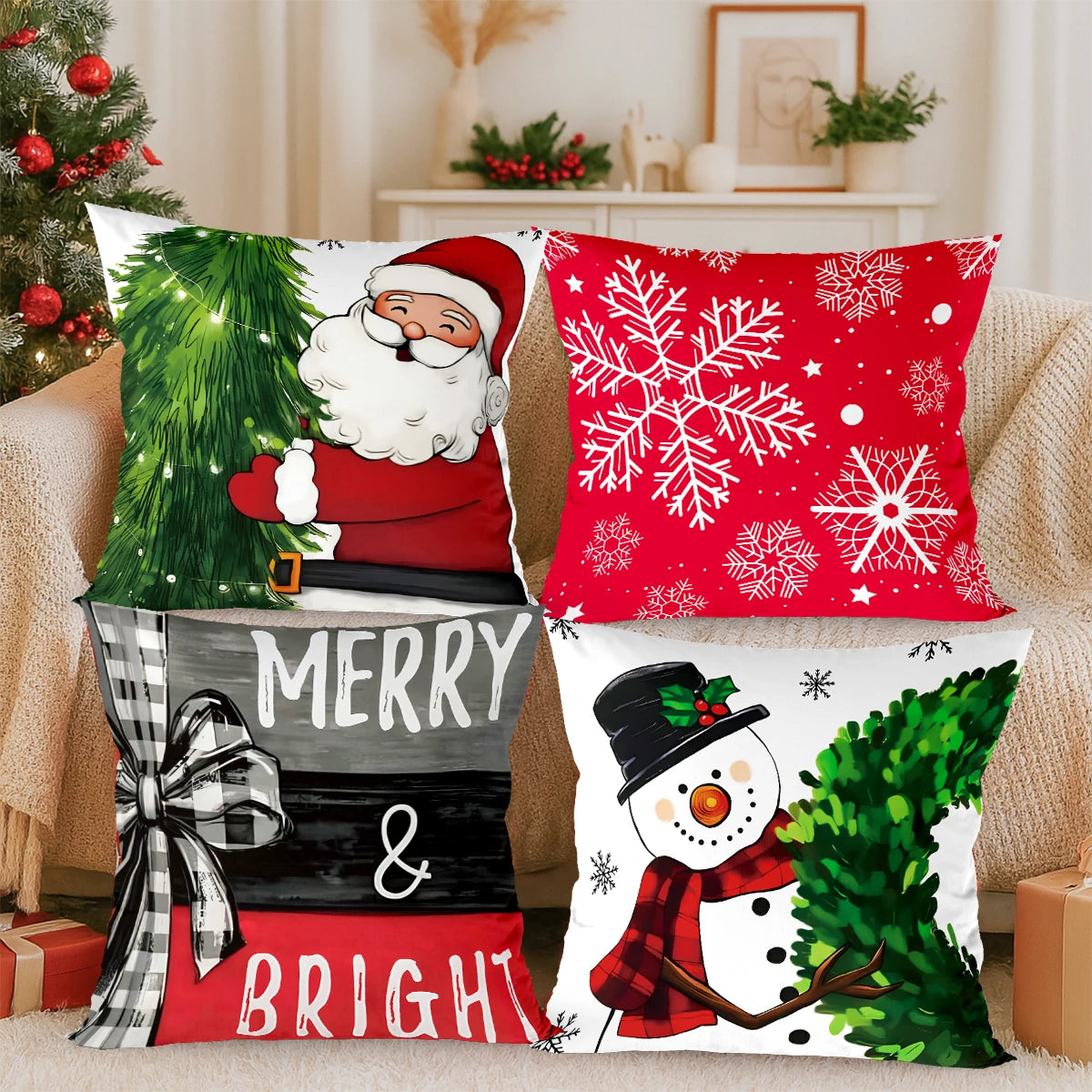 Four Christmas-themed pillows on a couch with festive decorations in the background.