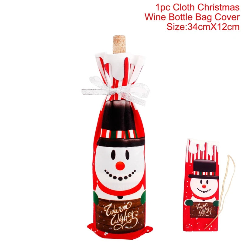 Christmas-themed wine bottle cover with snowman design on a white background