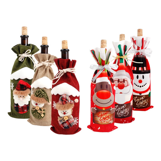 Set of Christmas-themed wine bottle covers on a white background