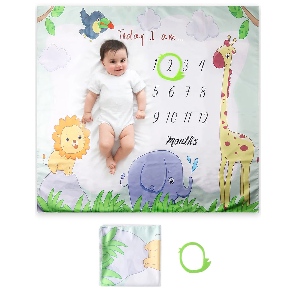 Baby milestone mat with animals and numbers, featuring a baby standing on it.