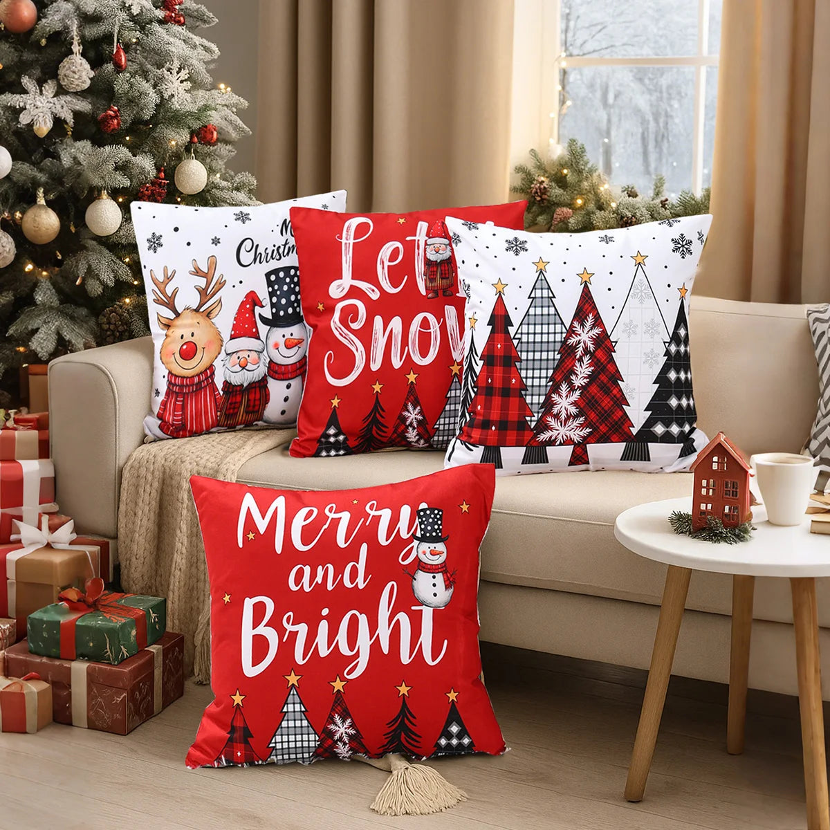 Decorative Christmas pillows on a couch with a festive background including a tree and presents.