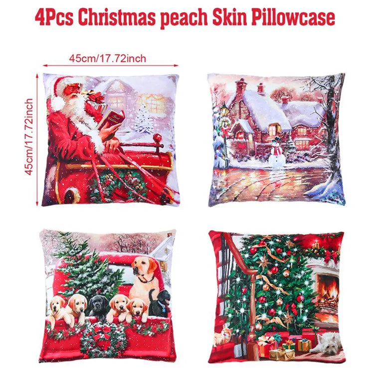 Four Christmas-themed pillowcases with festive designs on a white background.