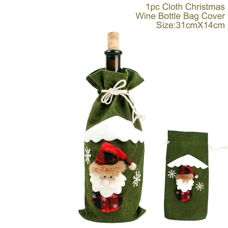 Green Christmas wine bottle cover with Santa Claus design on a white background
