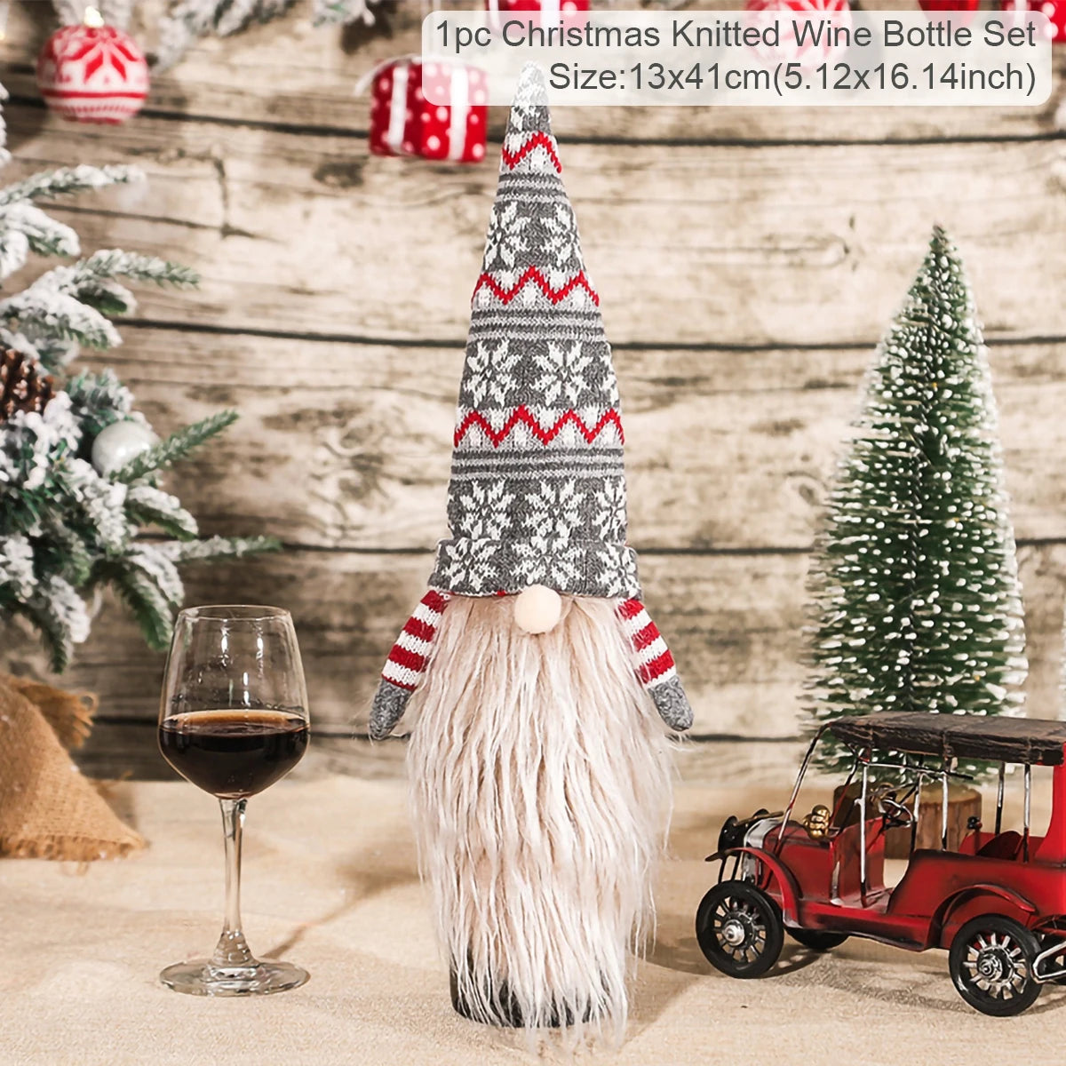 Christmas themed gnome with a wine bottle and glass on a festive background