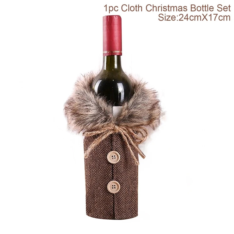 Wine bottle wrapped in a brown fabric Christmas set with fur accents on a white background.