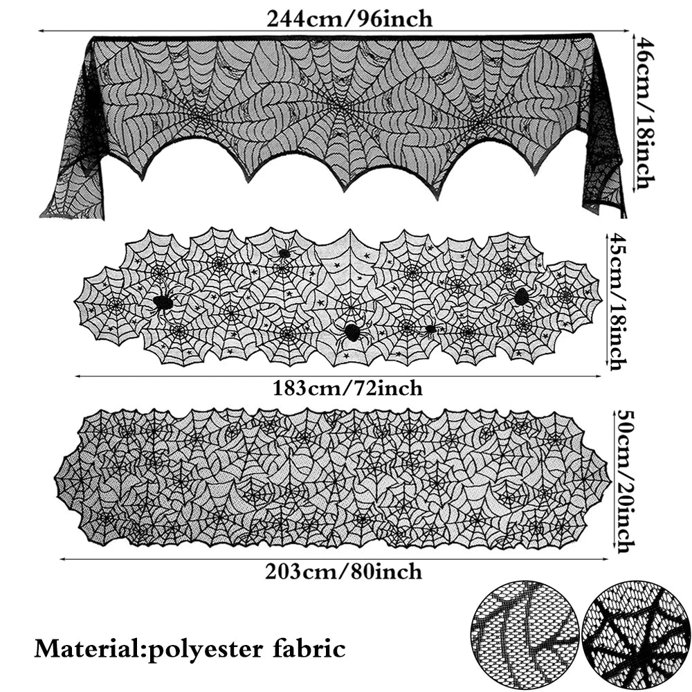 Measurement chart of black spiderweb-patterned tablecloth with dimensions and material information.