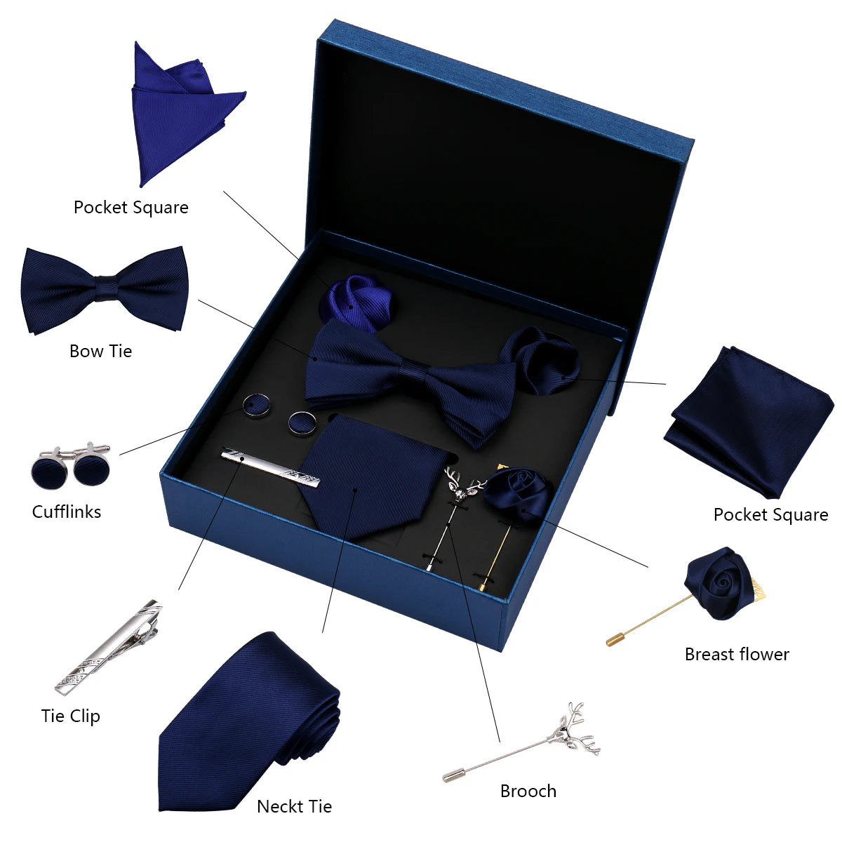 Navy blue men's accessories set with box on a white background
