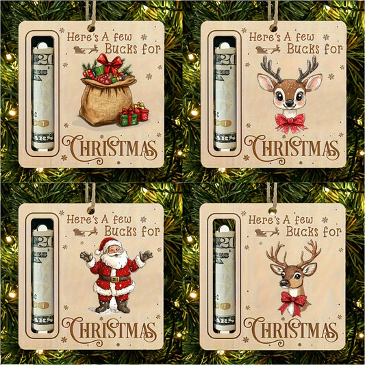 Four Christmas-themed money holder cards with Santa Claus, reindeer, and a sack of presents on a green Christmas tree background.