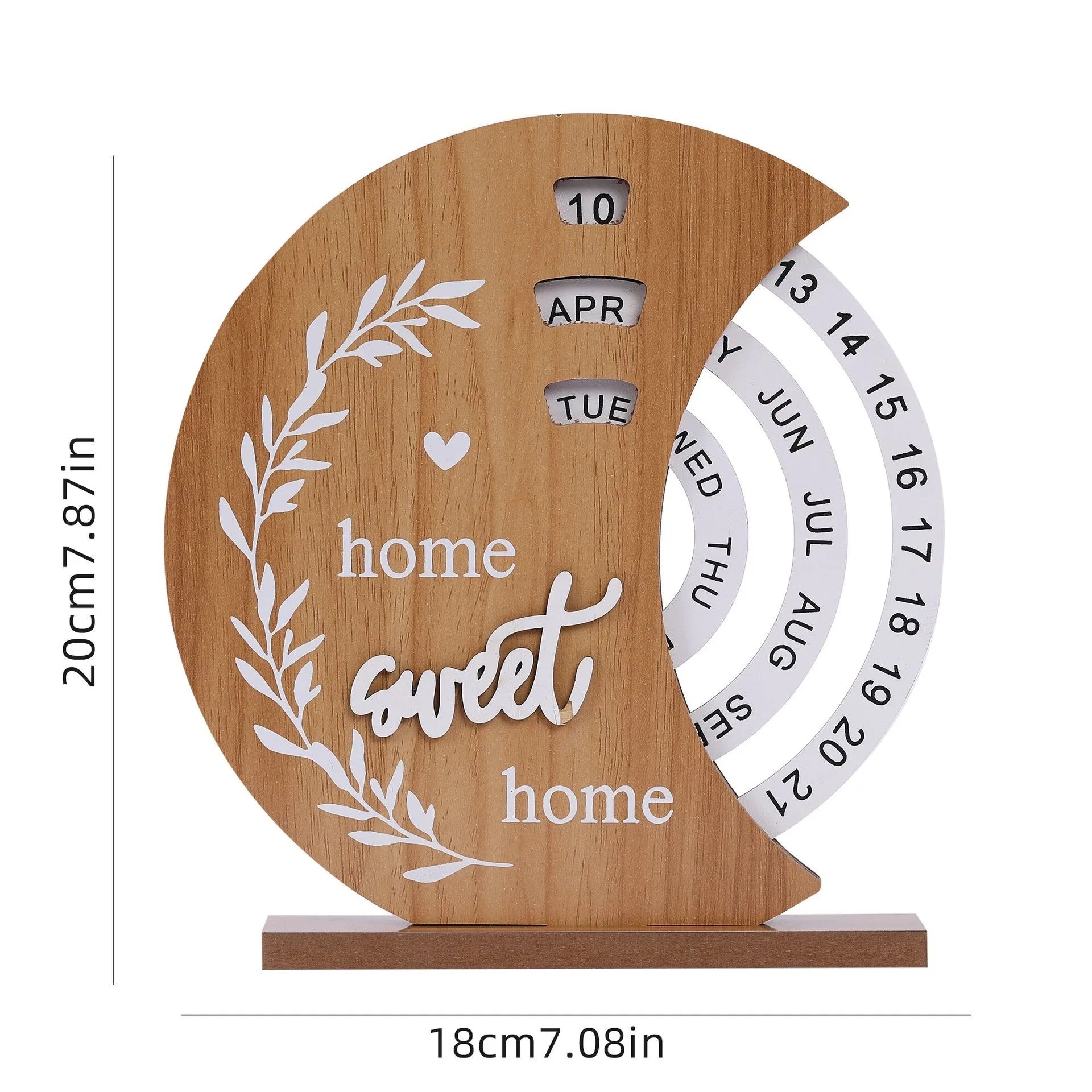 Wooden calendar with 'home sweet home' text and a circular design, showing measurements on a white background.