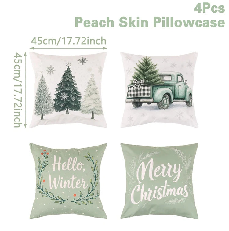 Four Christmas-themed pillowcases with trees, a truck, 'Hello, Winter', and 'Merry Christmas' text on a white background.